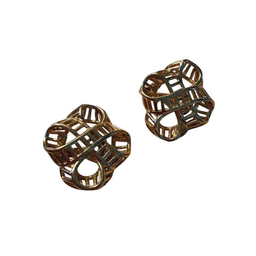 Monet Gold Tone Metal Openwork Lattice Clip On Earrings Vintage 80s Glam Jewelry